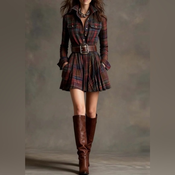 Plaid Long Sleeve Dress with Belt - Picture 2 of 3